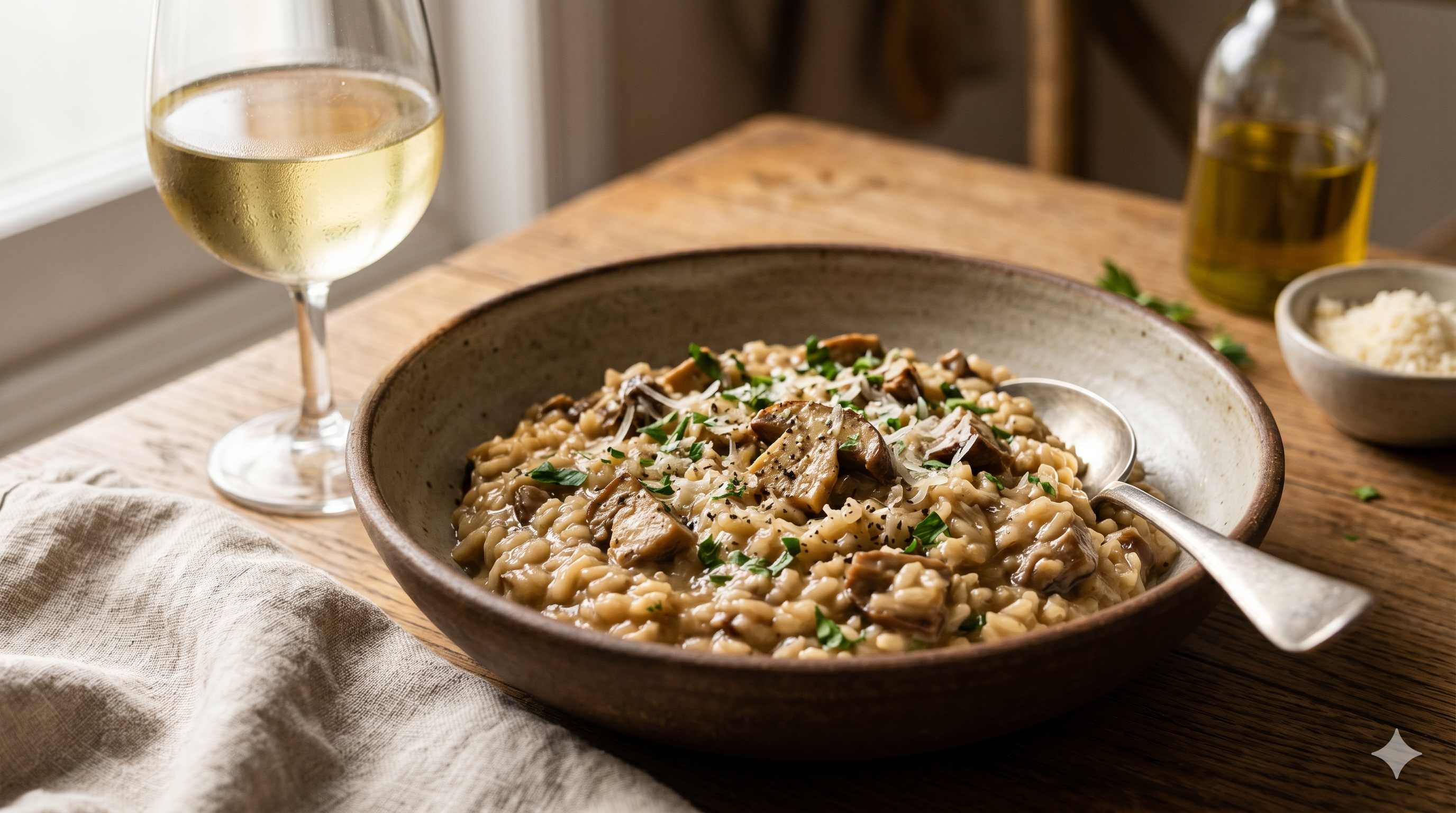 Risotto ai funghi secchi cremoso servido em prato fundo